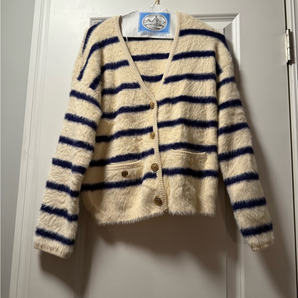 Christian Lacroix Cream and Navy Striped Fuzzy V-Neck Cardigan